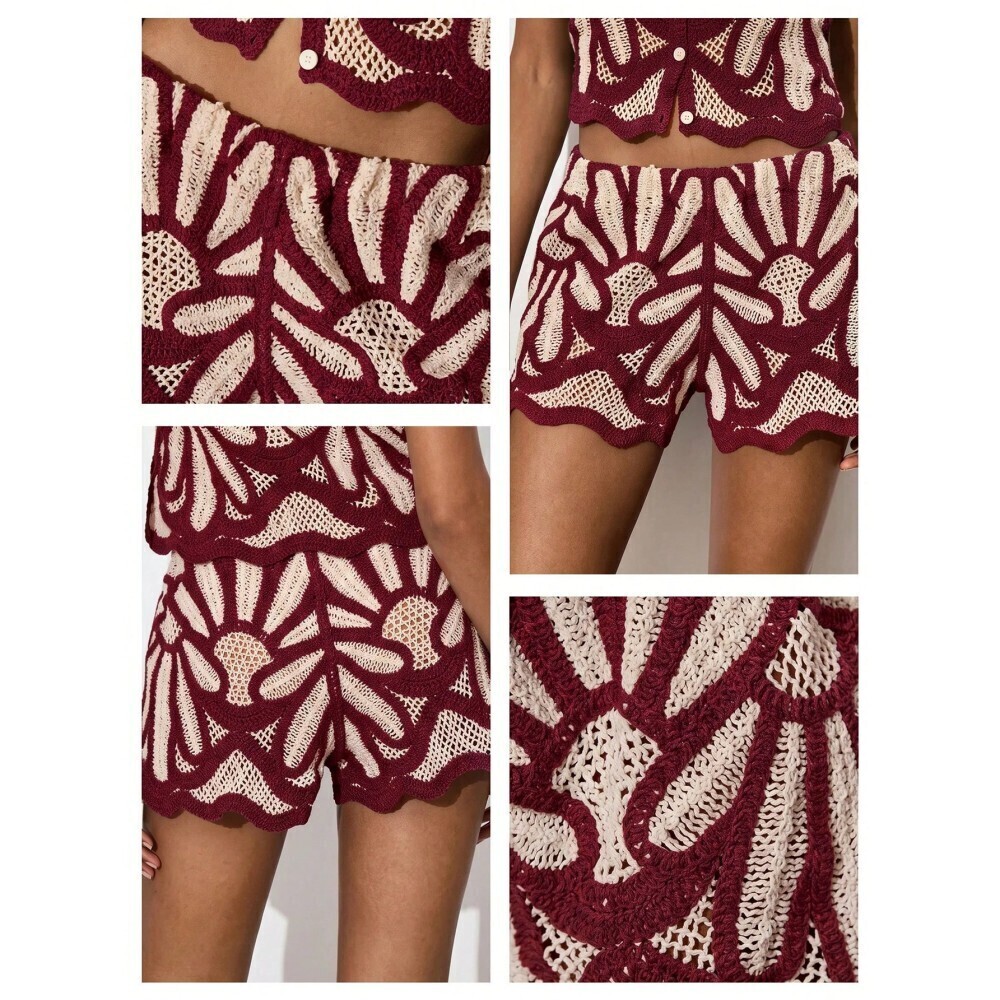 Burgundy Crochet Knit Mini Shorts with Scalloped Hem - Picture 3 of 7